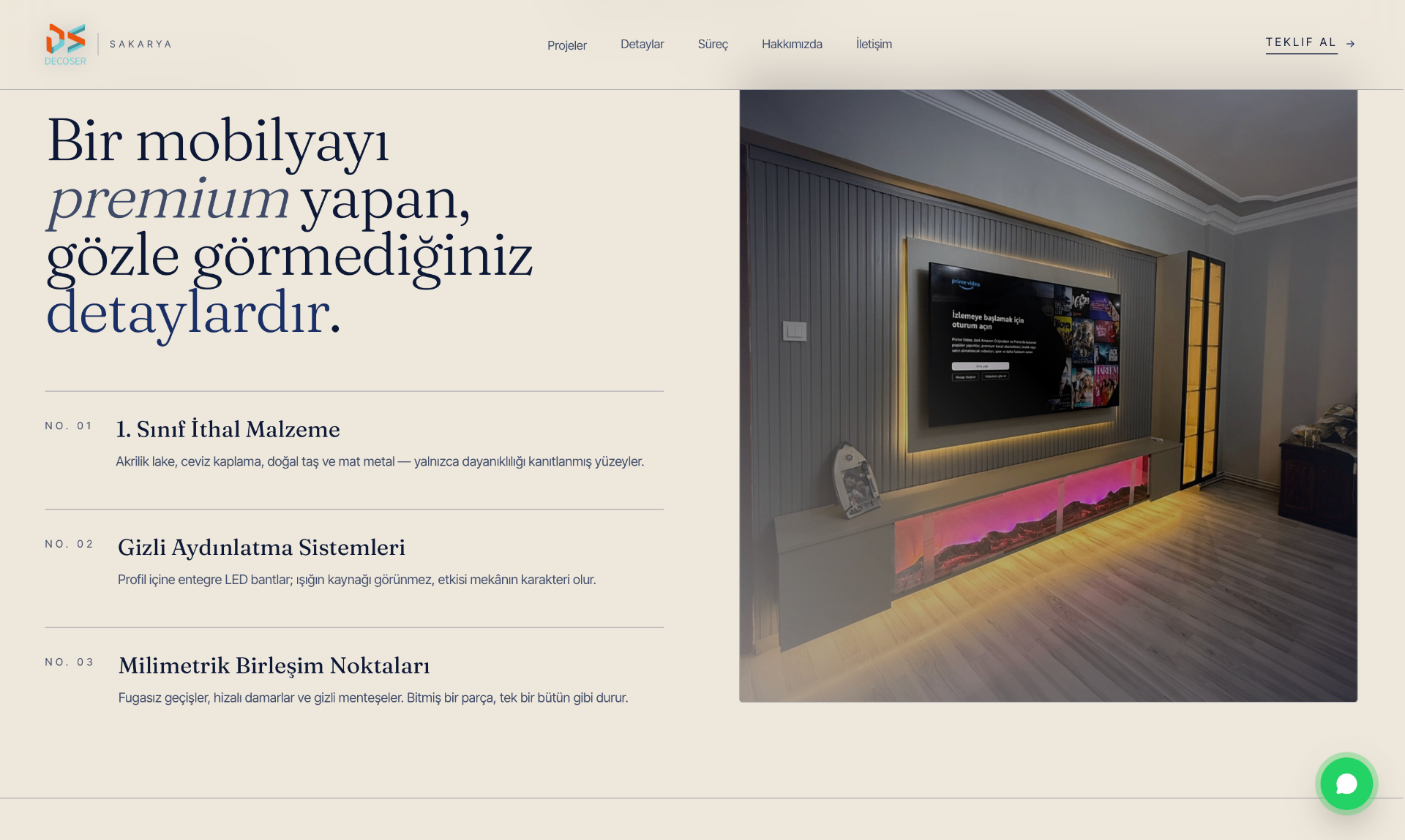 Detaylar — premium malzeme & gizli aydınlatma